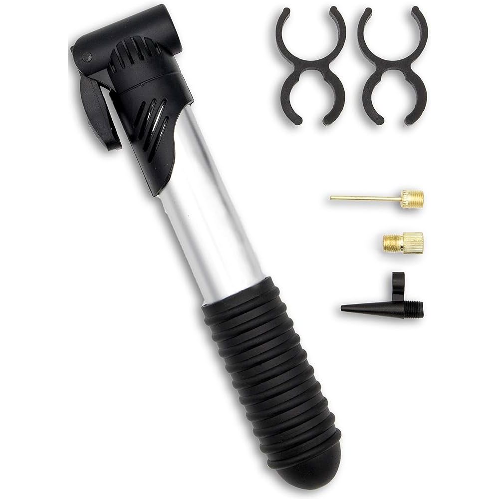 6pc Compact Bicycle Pump With Frame Clips & 3 Adapters