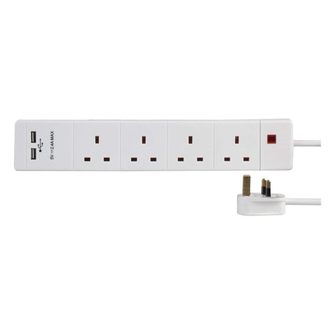 4 Way 2m Extension lead with 2 USB Ports