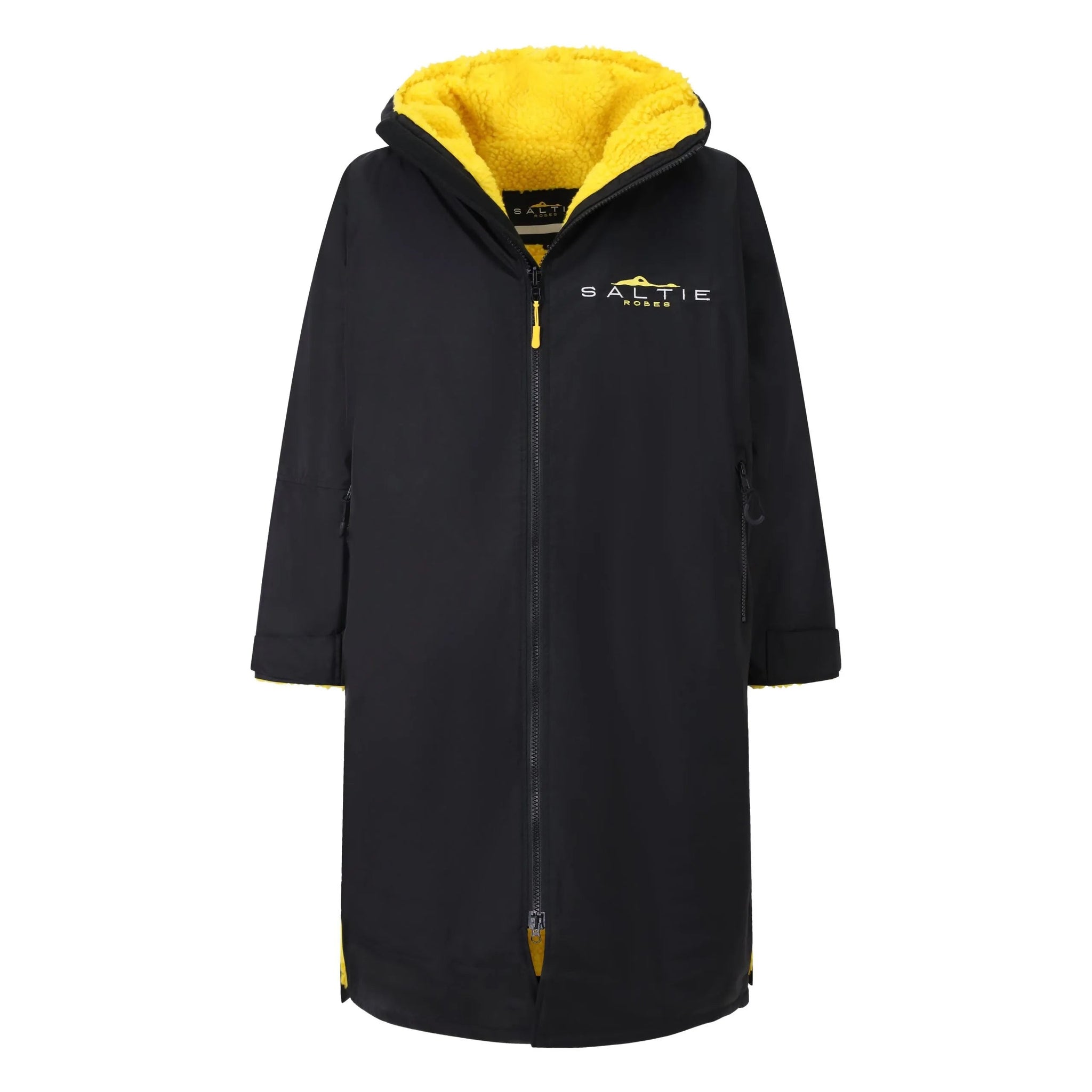 SALTIE Changing Robe in yellow, weather resistant, perfect for changing on the beach and made using 100% recycled materials. The SALTIE changing robe is designed keep you warm and dry during your sea swim, beach walks and all of your outdoor adventures.