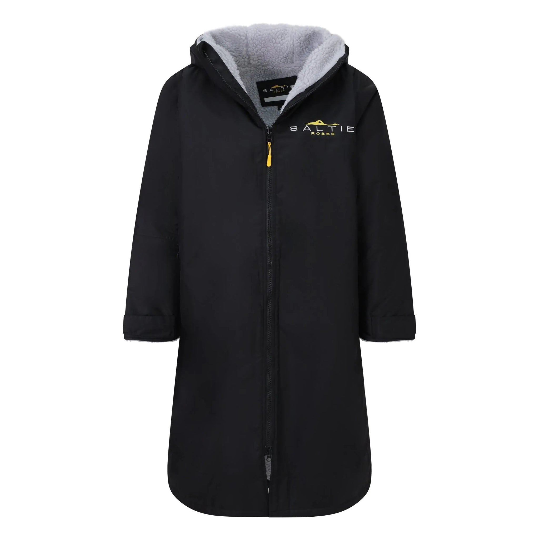 SALTIE Changing Robe in grey, weather resistant, perfect for changing on the beach and made using 100% recycled materials. The SALTIE changing robe is designed keep you warm and dry during your sea swim, beach walks and all of your outdoor adventures.