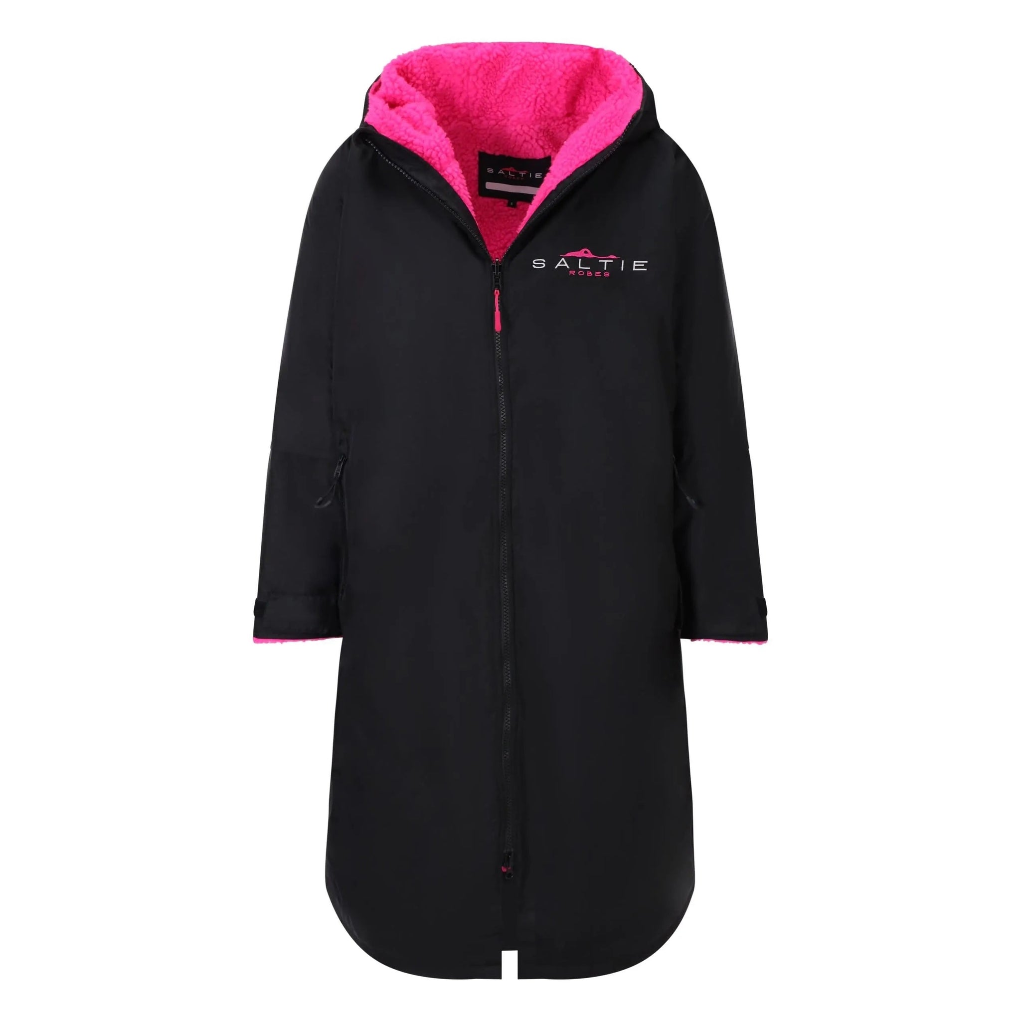 SALTIE Changing Robe in pink, weather resistant, perfect for changing on the beach and made using 100% recycled materials. The SALTIE changing robe is designed keep you warm and dry during your sea swim, beach walks and all of your outdoor adventures.