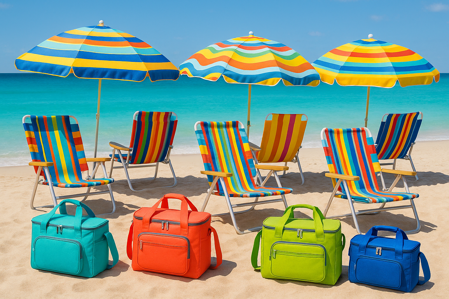 another, add some colour still, beach chairs, parasols, beach chairs, cool bags
