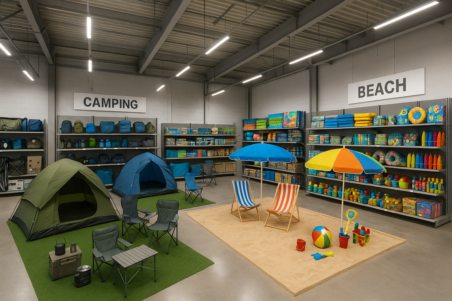 creating a warehouse looking showroom for our wholesale business selling camping equipment, beach equipment and beach toys and games, camping furniture, create a beach scene with sand and camping area with astro