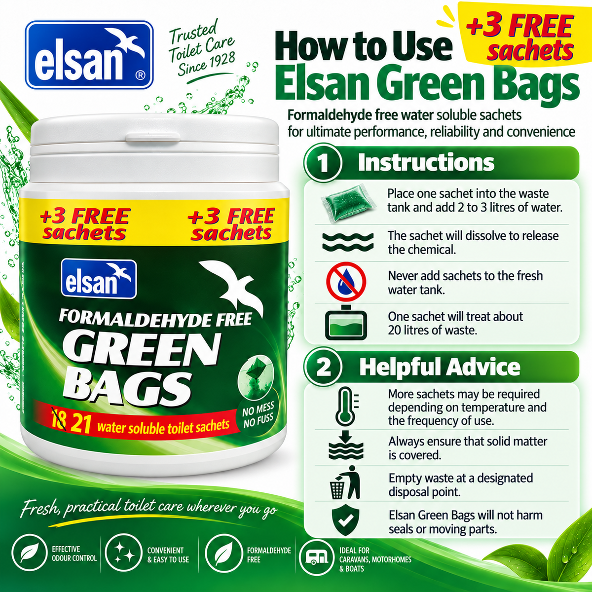 Elsan Green Toilet Sachets Tub of 21