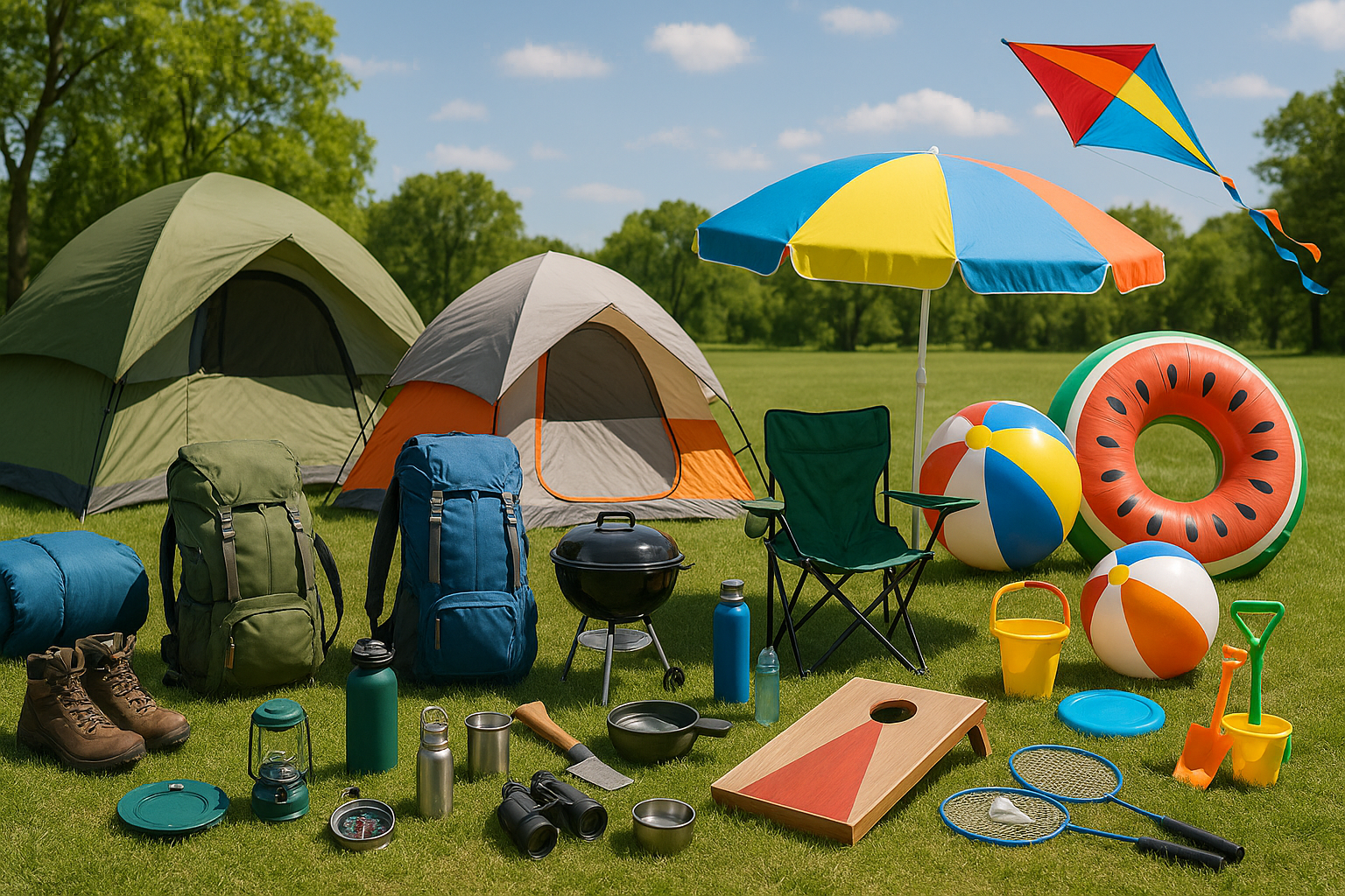 full range of camping and outdoor equipment, include beach toys and games, 