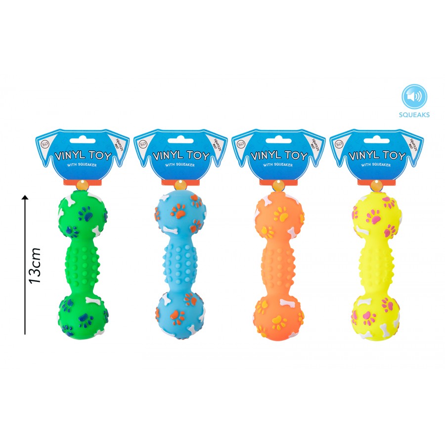 Squeaky Vinyl Dumbell Dog Toy x1 - 13cm Asstd Colours